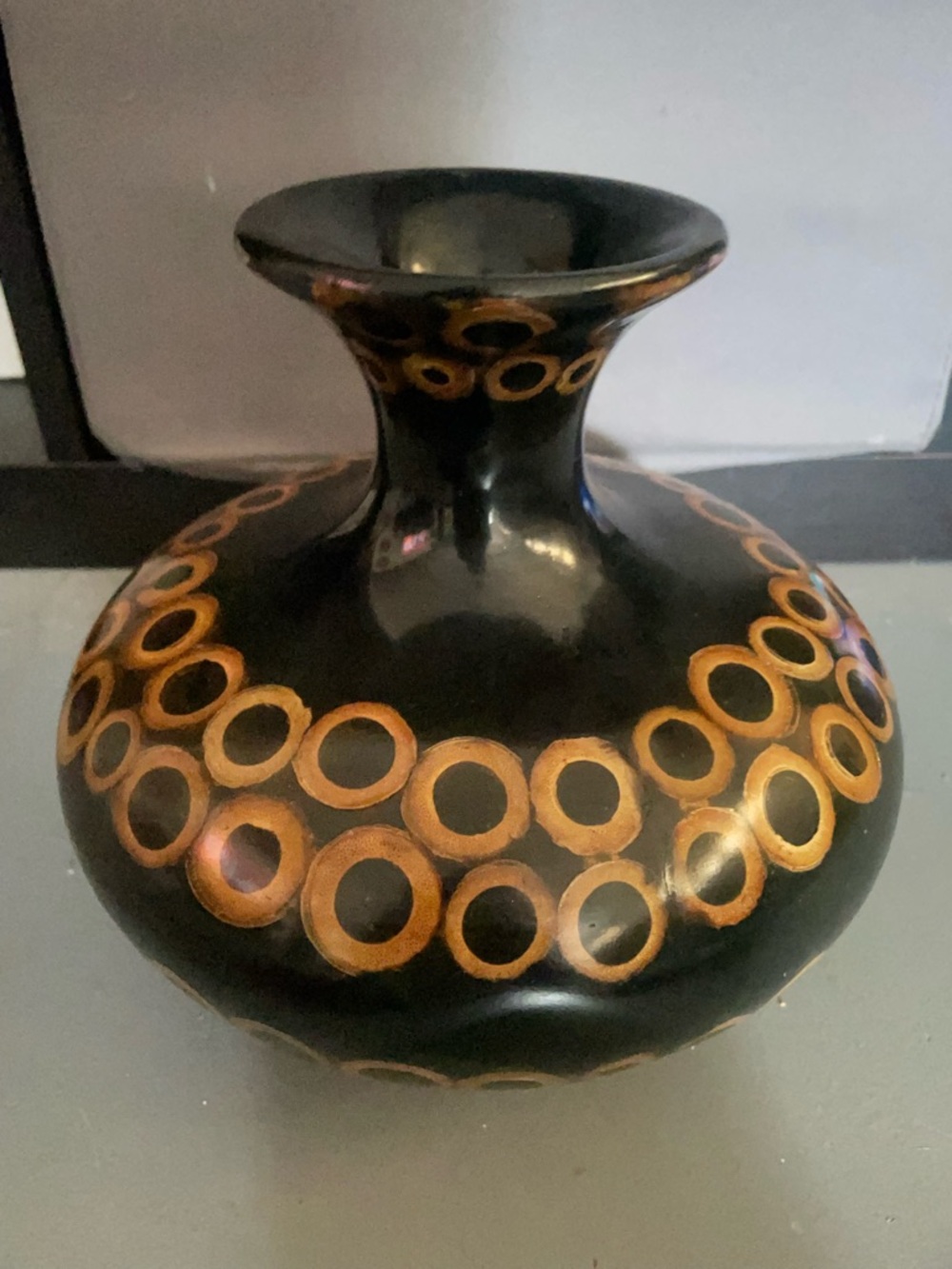 Decorative Black Ceramic Vase with Gold Circle Accents